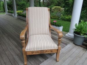 Oak Arm Chair Upholstered in a Cotton Stripe | Joe Gramm Upholsterer from Cape Cod Upholstery Shop Located in South Dennis, MA