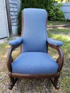 Antique Rocker front view | Ready for Delivery | Upholstered by Cape Cod Upholstery Shop | South Dennis, MA