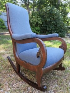 Antique Rocker Side View | Ready for Delivery | Upholstered by Cape Cod Upholstery Shop | South Dennis, MA