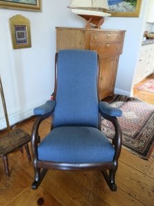 Antique Rocker front view | Upholstered by Cape Cod Upholstery Shop | South Dennis, MA