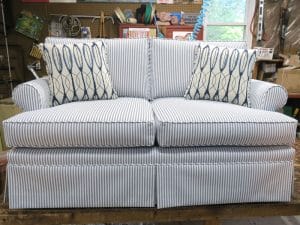 Upholstered Love Seat | Greenhouse Fabrics indoor outdoor ticking fabric | Upholstered by Cape Cod Upholstery Shop | Located in South Dennis, MA