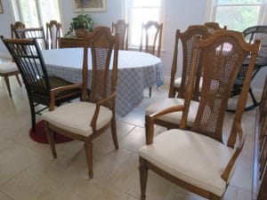 Set of 8 Dining Seats | Greenhouse Fabrics Crypton Fabric | Upholstered by Cape Cod Upholstery Shop | Located in South Dennis, MA