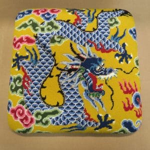 Needlepoint Dragon Stool Slipseat | Upholstered by Cape Cod Upholstery Shop | Located in South Dennis, MA