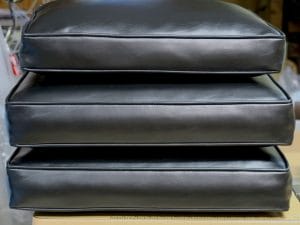 Black Vinyl Sofa Cushions showing the boxing and welting cord | Upholstered by Cape Cod Upholstery Shop | Located in South Dennis, MA