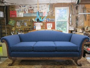 Antique 3 Cushion Sofa with a Greenhouse Fabrics diamond and dot pattern | Upholstered by Cape Cod Upholstery Shop | Located in South Dennis, MA