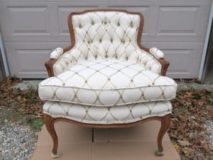 Tufted Back Bergere Style Chair | Upholstered by Cape Cod Upholstery Shop | Located in South Dennis, MA