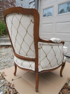 Tufted Back Bergere Style Chair Side View | Upholstered by Cape Cod Upholstery Shop | Located in South Dennis, MA