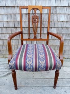 Sheraton Style Chair with a Classic Damask Stripe Fabric | Upholstered by Cape Cod Upholstery Shop | Located in South Dennis, MA