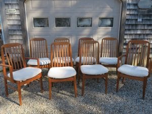 Set of 8 Teak Dining Chairs in a Greenhouse Fabrics Crypton | Upholstered by Cape Cod Upholstery Shop | Located in South Dennis, MA