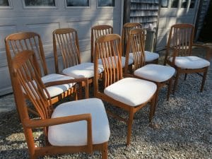 Teak Dining Chairs in a Greenhouse Fabrics Crypton | Upholstered by Cape Cod Upholstery Shop | Located in South Dennis, MA