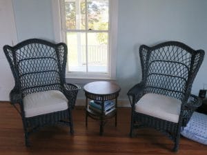 High Back Wicker Chair Seat Cushions | Upholstered in a White Canvas Twill Fabric | Upholstered by Cape Cod Upholstery Shop | Located in South Dennis, MA