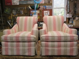 Matching Overstuffed Chairs Upholstered in a Bella-Dura Outdoor Stripe | Upholstered by Cape Cod Upholstery Shop | Located in South Dennis, MA