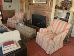 Provincetown Cottage Matching Overstuffed Chairs Upholstered in an Bella-Dura Outdoor Stripe | Upholstered by Cape Cod Upholstery Shop | Located in South Dennis, MA