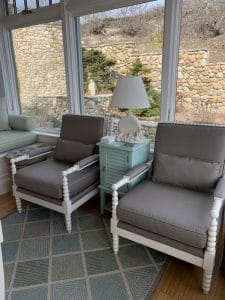 Wellfleet Getaway | Matching Painted Arm Chairs Upholstered in a Sunbrella Canvas | Upholstered by Cape Cod Upholstery Shop | Located in South Dennis, MA
