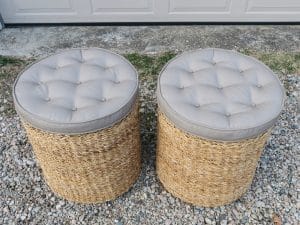 Matching Buttoned Wicker Ottomans Upholstered in a Sunbrella Canvas | Upholstered by Cape Cod Upholstery Shop | Located in South Dennis, MA