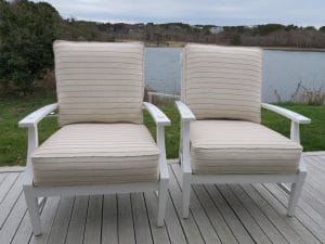 Truro Deck Chairs in an Outdura Performance Fabric | Upholstered by Cape Cod Upholstery Shop | Located in South Dennis, MA
