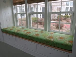 Window Seat Cushion in a Raoul Textiles Floral Linen | Upholstered by Cape Cod Upholstery Shop | Located in South Dennis, MA