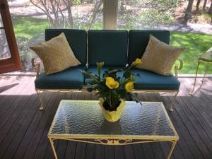 Painted Wrought Iron Sofa | Sunbrella Cushion Covers | Upholstered by Cape Cod Upholstery Shop | Located in South Dennis, MA