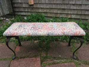 Bench with Wrought Iron legs | Upholstered in an Abstract Print | Upholstered by Cape Cod Upholstery Shop | Located in South Dennis, MA
