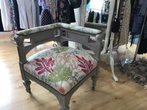 Upholstered Corner Chair for Whimsy's Consignment Boutique in West Harwich, MA | Upholstered by Cape Cod Upholstery Shop | Located in South Dennis, MA