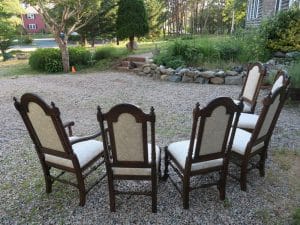 Vintage Ethan Allen Oak Dining Room Set from a Back View | Upholstered in a Greenhouse Fabric with Optional Defender Stain Protection and Latex Backing | Upholstered by Cape Cod Upholstery Shop | Located in South Dennis, MA