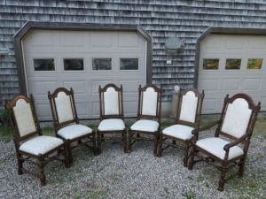 Vintage Ethan Allen Oak Dining Room Set from a Front View | Upholstered in a Greenhouse Fabric with Optional Defender Stain Protection and Latex Backing | Upholstered by Cape Cod Upholstery Shop | Located in South Dennis, MA