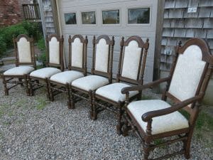 Vintage Ethan Allen Oak Dining Room Set from a Side View | Upholstered in a Greenhouse Fabric with Optional Defender Stain Protection and Latex Backing | Upholstered by Cape Cod Upholstery Shop | Located in South Dennis, MA