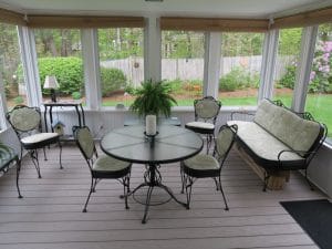 Wrought Iron Set for Three Season Porch | Vinyl and Outdoor Fabric Combination | Upholstered by Cape Cod Upholstery Shop | Located in South Dennis, MA