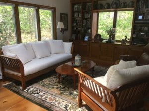 Cherry Wood Sofa & Chair Frame with Crypton Fabric Loose Cushions | Upholstered by Cape Cod Upholstery Shop | Located in South Dennis, MA