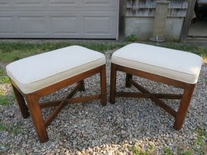 Small matching footstools with exposed wood frame | Upholstered in a JF Fabric | Upholstered by Cape Cod Upholstery Shop | Located in South Dennis, MA