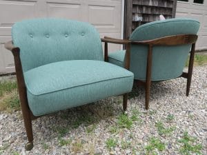 Vintage Teak Danish Chairs, Back View | Upholstered in a Polypropylene Fabric | Upholstered by Cape Cod Upholstery Shop | Located in South Dennis, MA