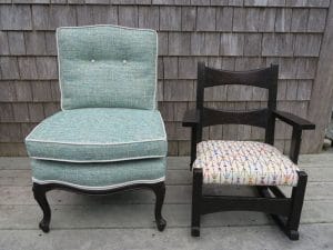 Attached Pillow Childs Chair with Contrasting Welting and Childs Rocking Chair | Upholstered in a Greenhouse Fabric | Upholstered by Cape Cod Upholstery Shop | Located in South Dennis, MA