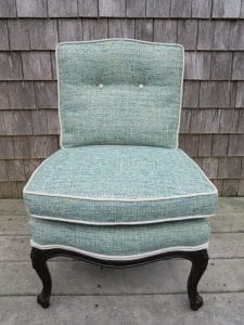 Attached Pillow Childs Chair with Contrasting Welting | Upholstered in a Greenhouse Fabric | Upholstered by Cape Cod Upholstery Shop | Located in South Dennis, MA