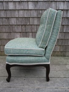 Attached Pillow Childs Chair with Contrasting Welting | Side View | Upholstered in a Greenhouse Fabric | Upholstered by Cape Cod Upholstery Shop | Located in South Dennis, MA