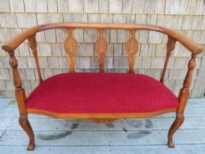 Bench Seat | Upholstered in a Vibrant Red Velvet | Upholstered by Cape Cod Upholstery Shop | Located in South Dennis, MA