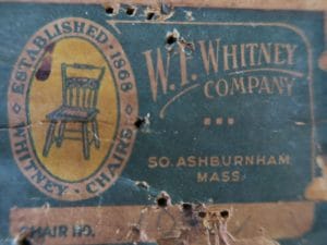 W.F. Whitney Company furniture label | Established in 1868 in Ashburnham, MA | Cape Cod Upholstery Shop | Located in South Dennis, MA