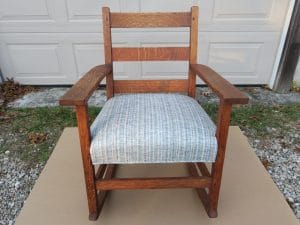 Upholstered Oak Rocking Chair | Upholstered in a Kravet Fabrics Stripe | Upholstered by Cape Cod Upholstery Shop | Located in South Dennis, MA