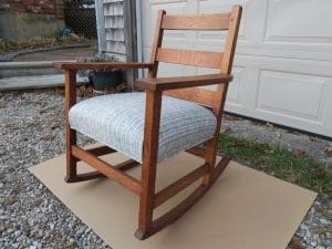 Upholstered Oak Rocking Chair Side View | Upholstered in a Kravet Fabrics Stripe | Upholstered by Cape Cod Upholstery Shop | Located in South Dennis, MA