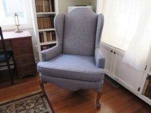 Two of two wing chairs in the library room | Upholstered in a Greenhouse Fabrics | Upholstered by Cape Cod Upholstery Shop | Located in South Dennis, MA