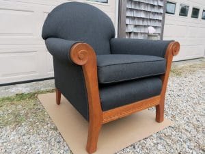 Shackleton Thomas Sleigh Chair Side View | Upholstered in a black Sunbrella Fabric | Upholstered by Cape Cod Upholstery Shop | Located in South Dennis, MA