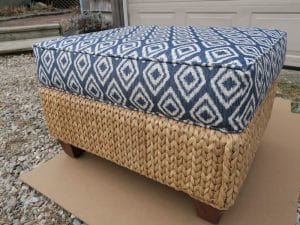 Wicker Ottoman with Attached Seat Cushion, Side View | Upholstered in a Greenhouse Fabrics | Upholstered by Cape Cod Upholstery Shop | Located in South Dennis, MA