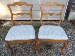 Antique Side Chairs originally sold by the John H. Pray Company from Medford, MA Circa 1960 | Upholstered in a Kravet Fabric | Upholstered by Cape Cod Upholstery Shop | Located in South Dennis, MA