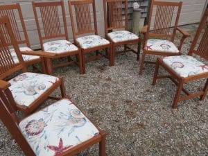 Set of 8 Italian Made Dining Chairs | Upholstered in a sea shell indoor outdoor fabric | Upholstered by Cape Cod Upholstery Shop | Located in South Dennis, MA
