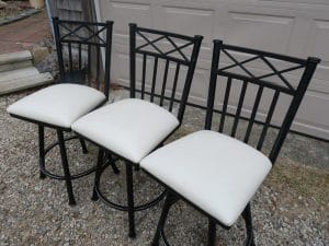 Three Bar Stools, Side View | Upholstered in a Greenhouse Fabrics Faux Vinyl | Upholstered by Cape Cod Upholstery Shop | Located in South Dennis, MA