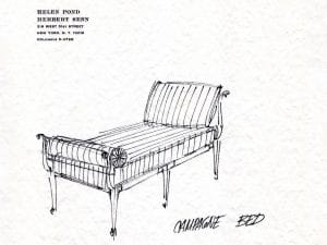 Sketch of Champagne Bed on Rice Paper | Acclaimed Set Designers Helen Pond and Herbert Senn | Upholstered by Cape Cod Upholstery Shop | Located in South Dennis, MA