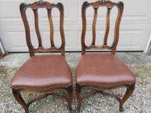 Two of Six Antique Dining Chairs | Upholstered in a Greenhouse Fabrics Faux Leather | Trimmed with Natural Finish Decorative Steel Nails | Upholstered by Cape Cod Upholstery Shop | Located in South Dennis, MA
