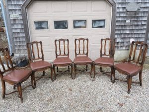 Set of Six Antique Dining Chairs | Upholstered in a Greenhouse Fabrics Faux Leather | Trimmed with Natural Finish Decorative Steel Nails | Upholstered by Cape Cod Upholstery Shop | Located in South Dennis, MA