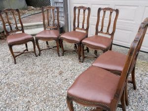 Set of Six Antique Dining Chairs | Upholstered in a Greenhouse Fabrics Faux Leather | Trimmed with Natural Finish Decorative Steel Nails | Upholstered by Cape Cod Upholstery Shop | Located in South Dennis, MA