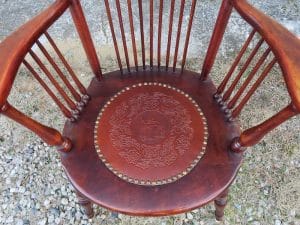 Antique Chair Leather Seat Insert with Pre-Finished Light Brown Dove Pattern | Leather seat attached with decorative brass nails | Leather Seat Purchased at Van Dykes Restorers | Upholstered by Cape Cod Upholstery Shop | Located in South Dennis, MA
