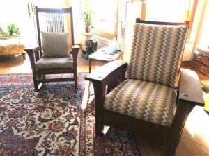 Stickley Chair & Rocking Chair | Chair upholstered in a United Fabrics Sunbrella exclusive | Rocking Chair upholstered in a JF Fabrics high performance fabric | Upholstered by Cape Cod Upholstery Shop | Located in South Dennis, MA